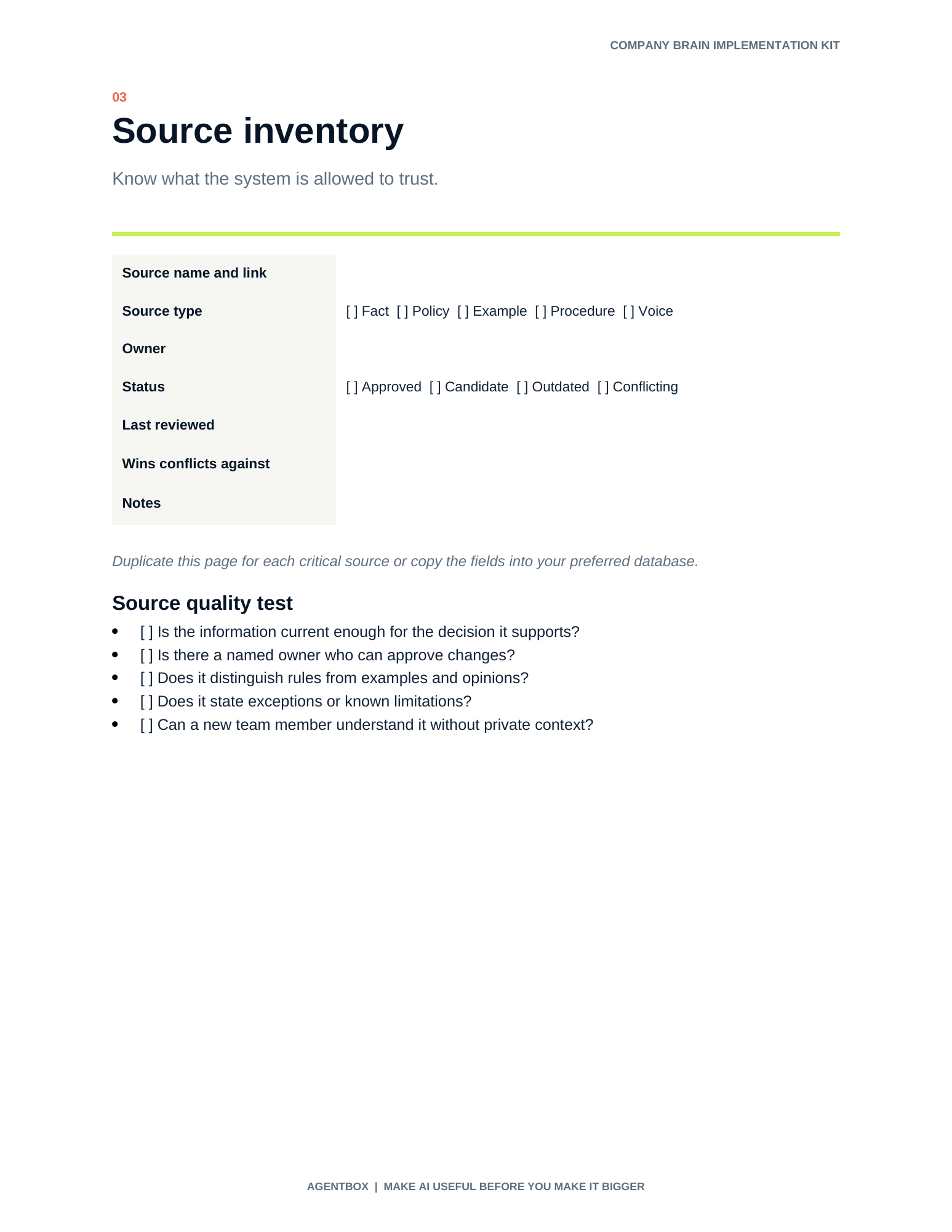 Source Inventory template page