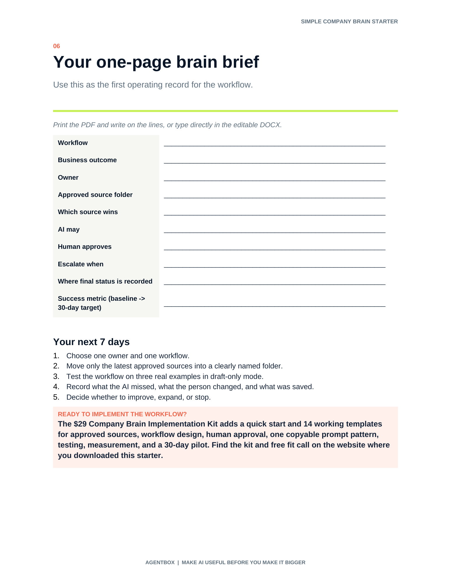 Company Brain Starter one-page brief with success metric and safe test