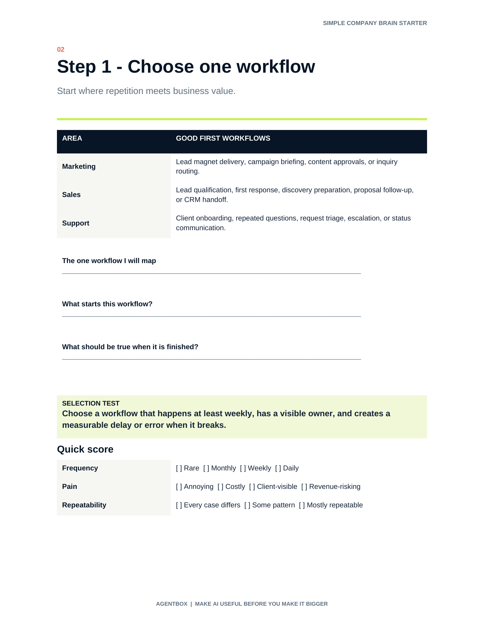 Company Brain Starter page for choosing and scoring one workflow